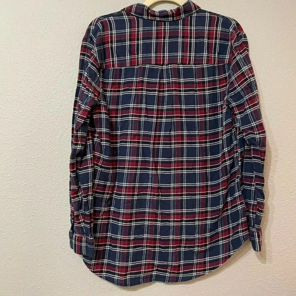 Beach Lunch Lounge Blue Plaid Button Down Shirt Womens S Flannel Casual Fall - Image 2