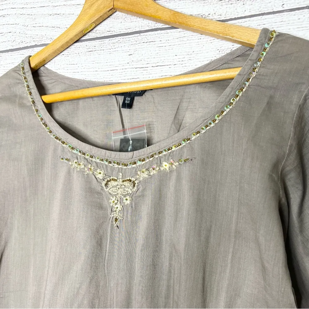 NWT Karma Highway Embroidered Sequin Embellished Boho Blouse Top Size Large Tan - Image 2