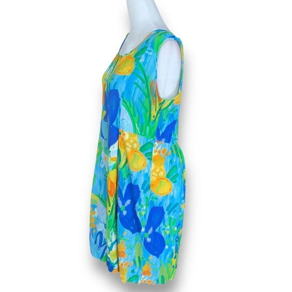 Vintage Jams World Dress Blue Yellow Oversized Tropical Floral Print Sleeveless - Image 4