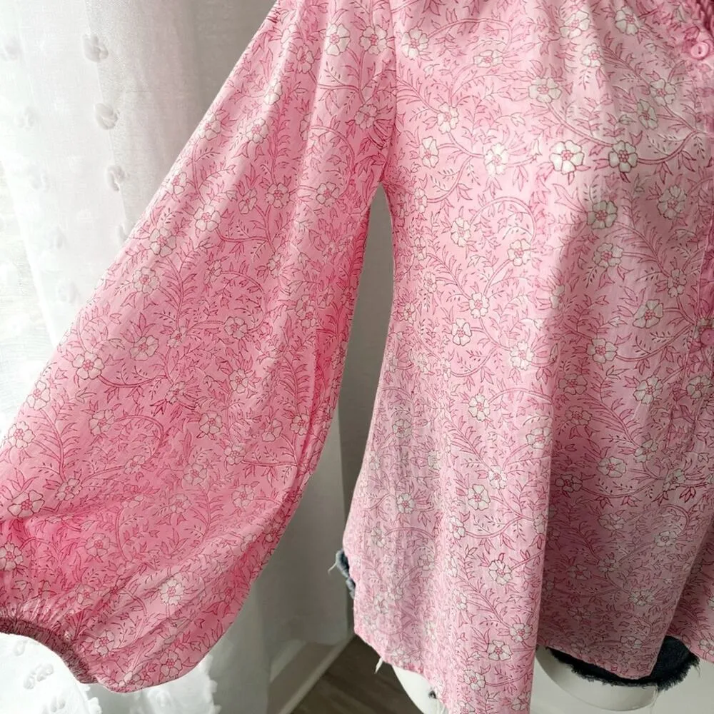 India Collection by Emerson Fry Crocus Bardot Pink Floral Balloon Sleeve Top S - Image 7