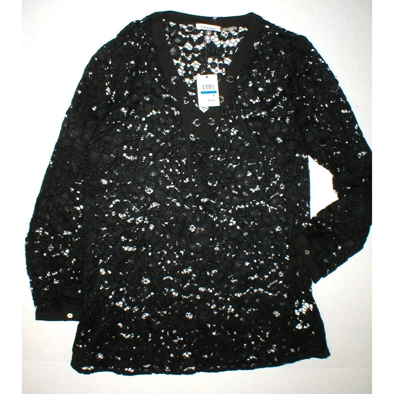 New Womens NWT Designer Calvin Klein Lace Blouse Tie Up XL Black Flowers Long Sl - Image 2