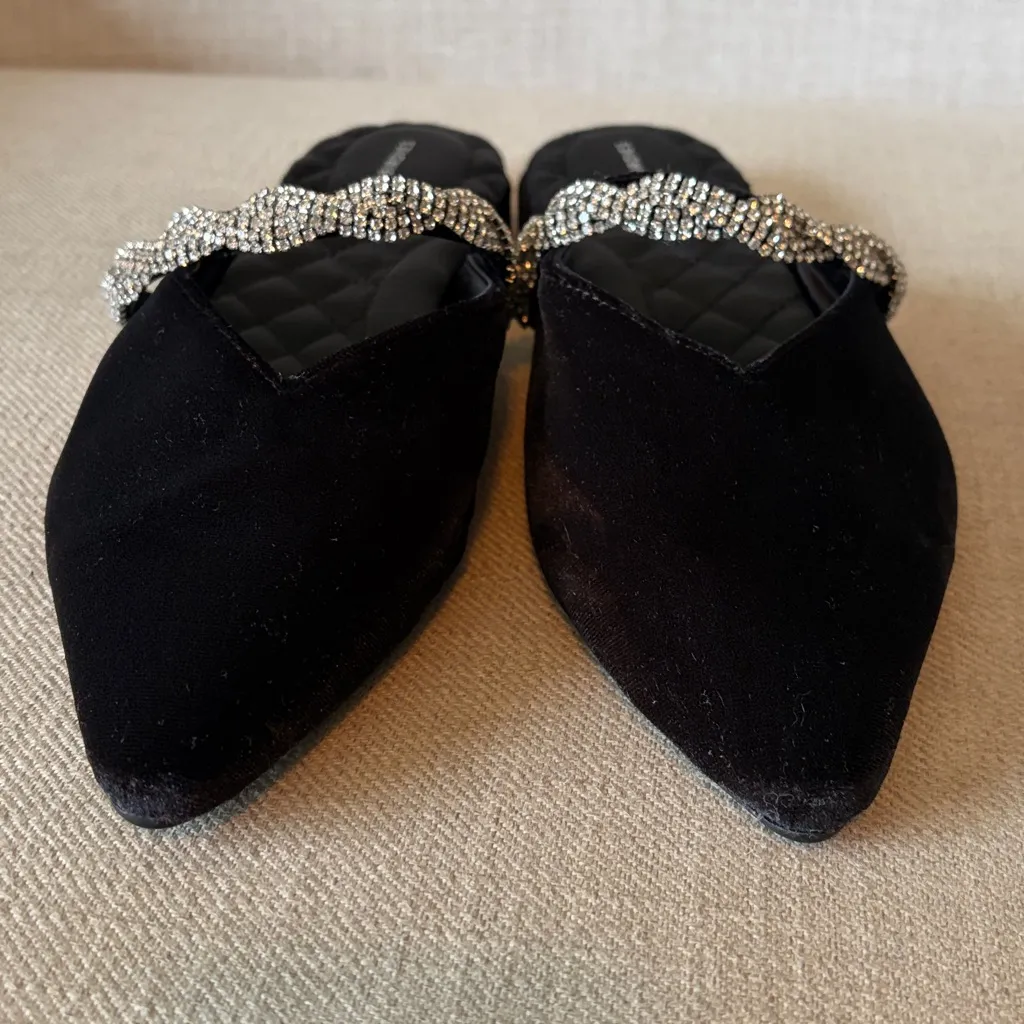 Birdies Size 9.5 Black Velvet Rhinestone Braid Flat Almond Toe Swan Mules - Image 6