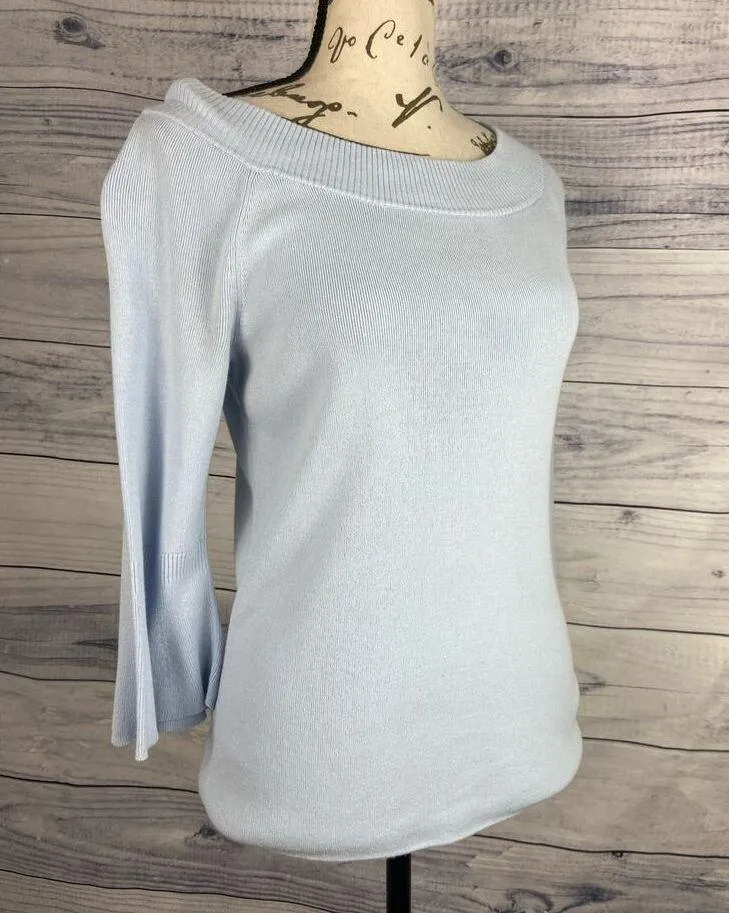 Talbots Knit Sweater Top Womens Size XS Boat Neck 3/4 Bell Sleeves Baby Blue - Image 4