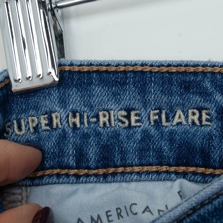 American Eagle Womens Super Hi Rise Flare Jeans Size 2 Blue Festival Boho Hippie - Image 8