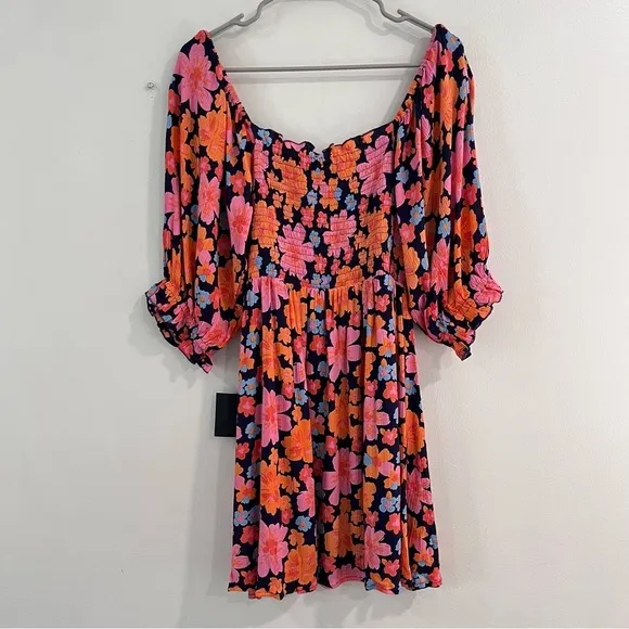 NWT Lulus Pollen in Love Navy Blue Floral‎ Puff Sleeve Mini Skater Dress SMALL - Image 7