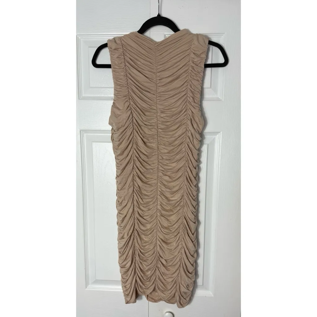 Marina Nude Beige Ruched Sleeveless Stretch Smocked Bodycon Mini Dress XL Tan - Image 6