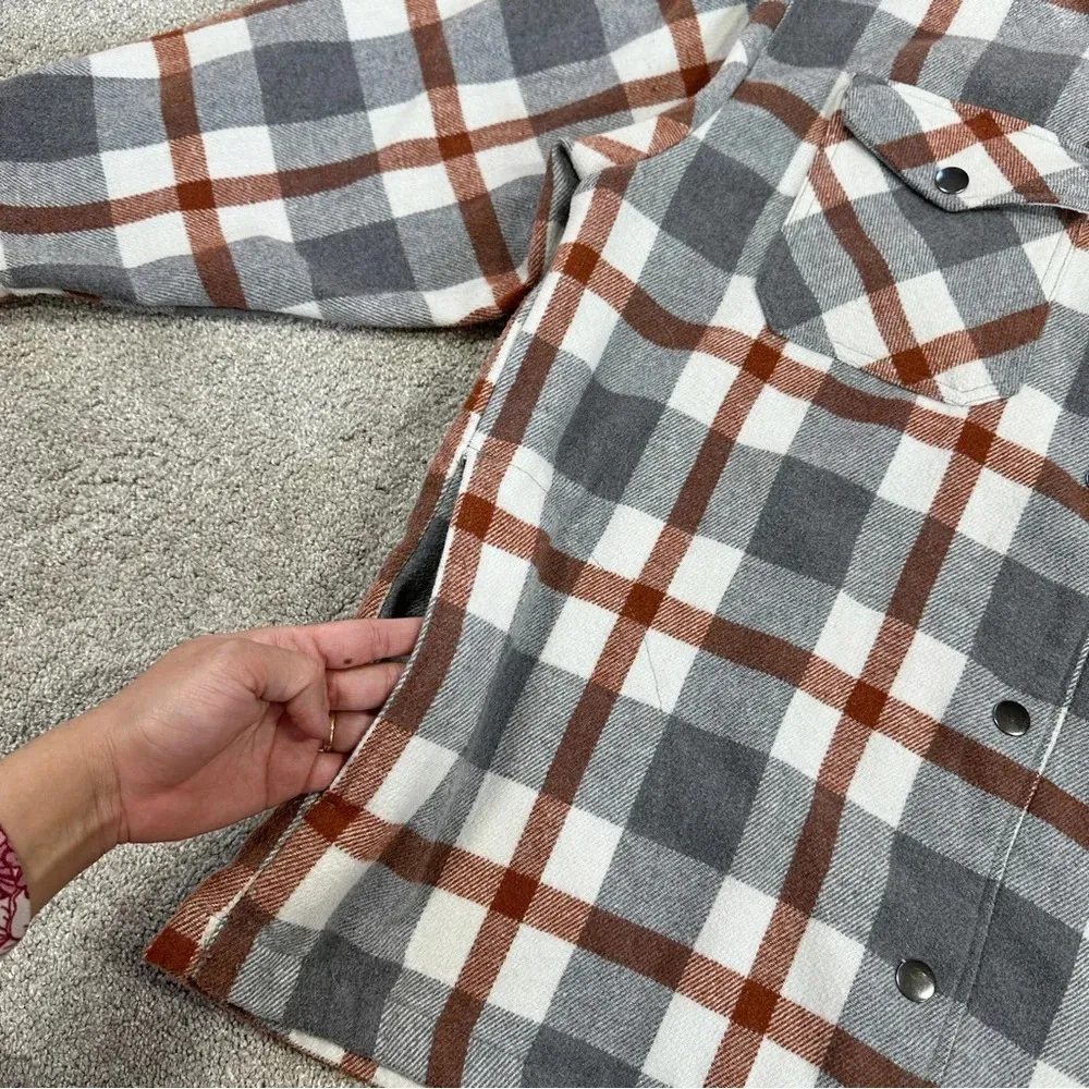 HFX Wool Blend Flannel Plaid Shacket Jacket Western Relaxed Fit Gray/Brown L Gray Size L - Image 12