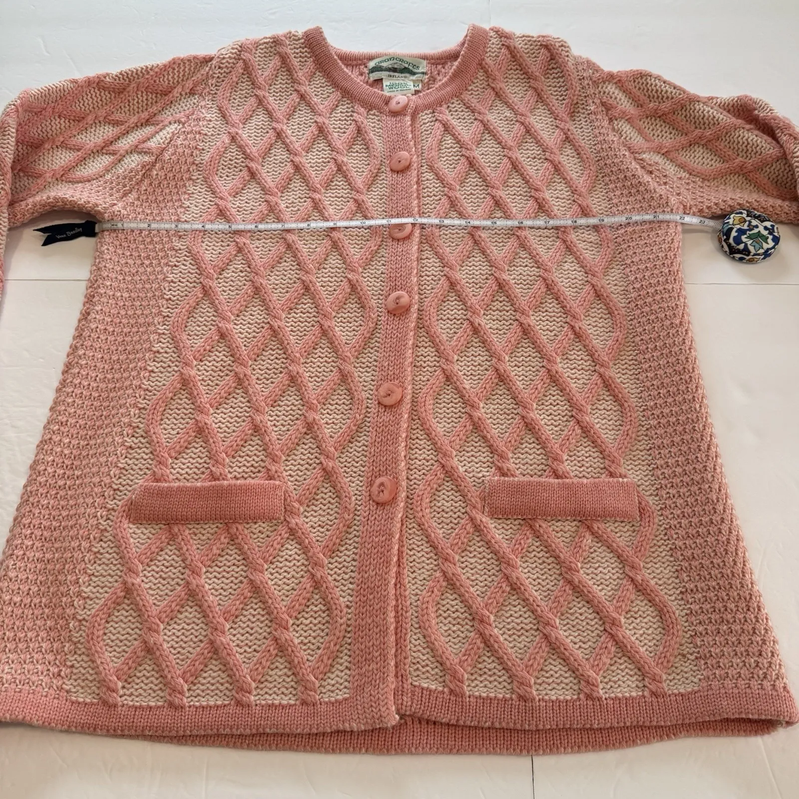 Aran Crafts Coral Merino Wool Button Up Cardigan Cable Sweater Size MEDIUM - Image 6