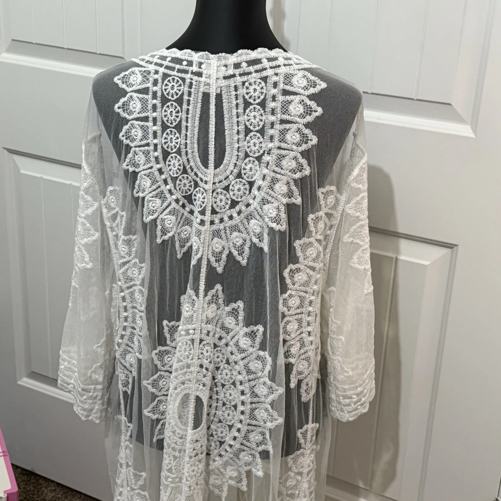 Rachel Zoe Kimono Cardigan Cover Up OS White Lace Mesh‎ Boho 3/4 Sleeve One Size - Image 4