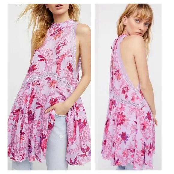 Free People She Moves Purple Floral Lace Swing Racer Back Slip Mini Dress XS - Image 2