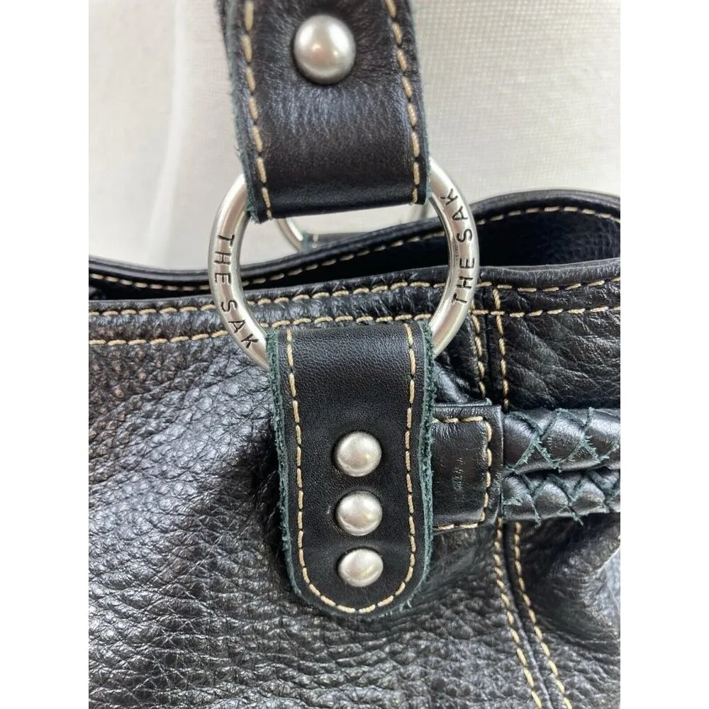 The SAK Purse Black Pebbled Leather Hobo Satchel Bag Double Handles Braided Knot - Image 10