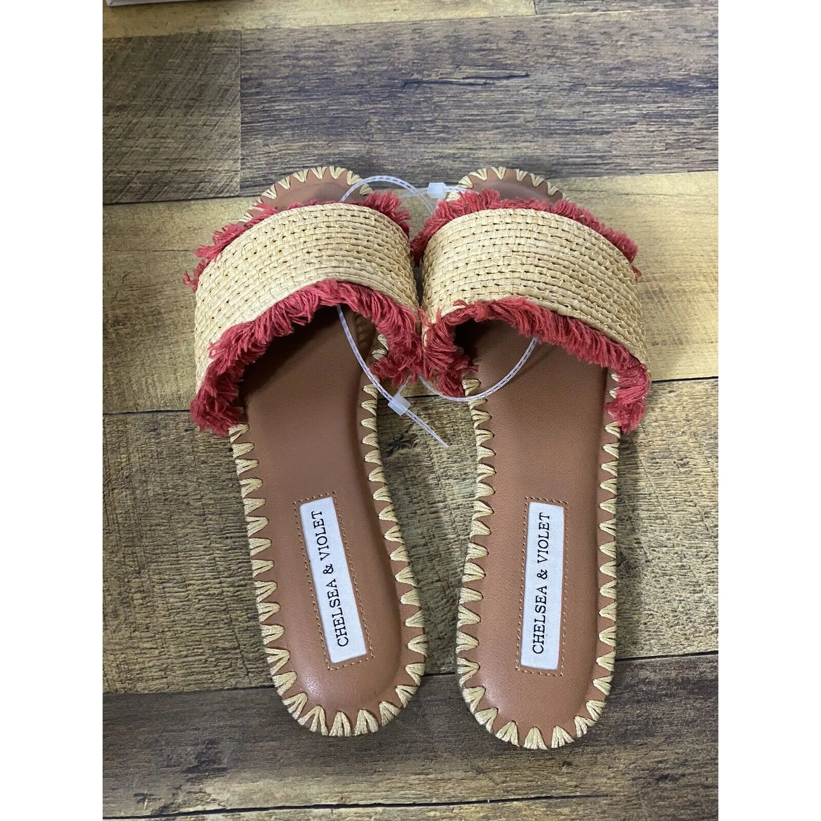 Chelsea + Violet Slip On Flat‎ Sandals Size 7M Woven Boho Slides Tan Red Fringe - Image 2