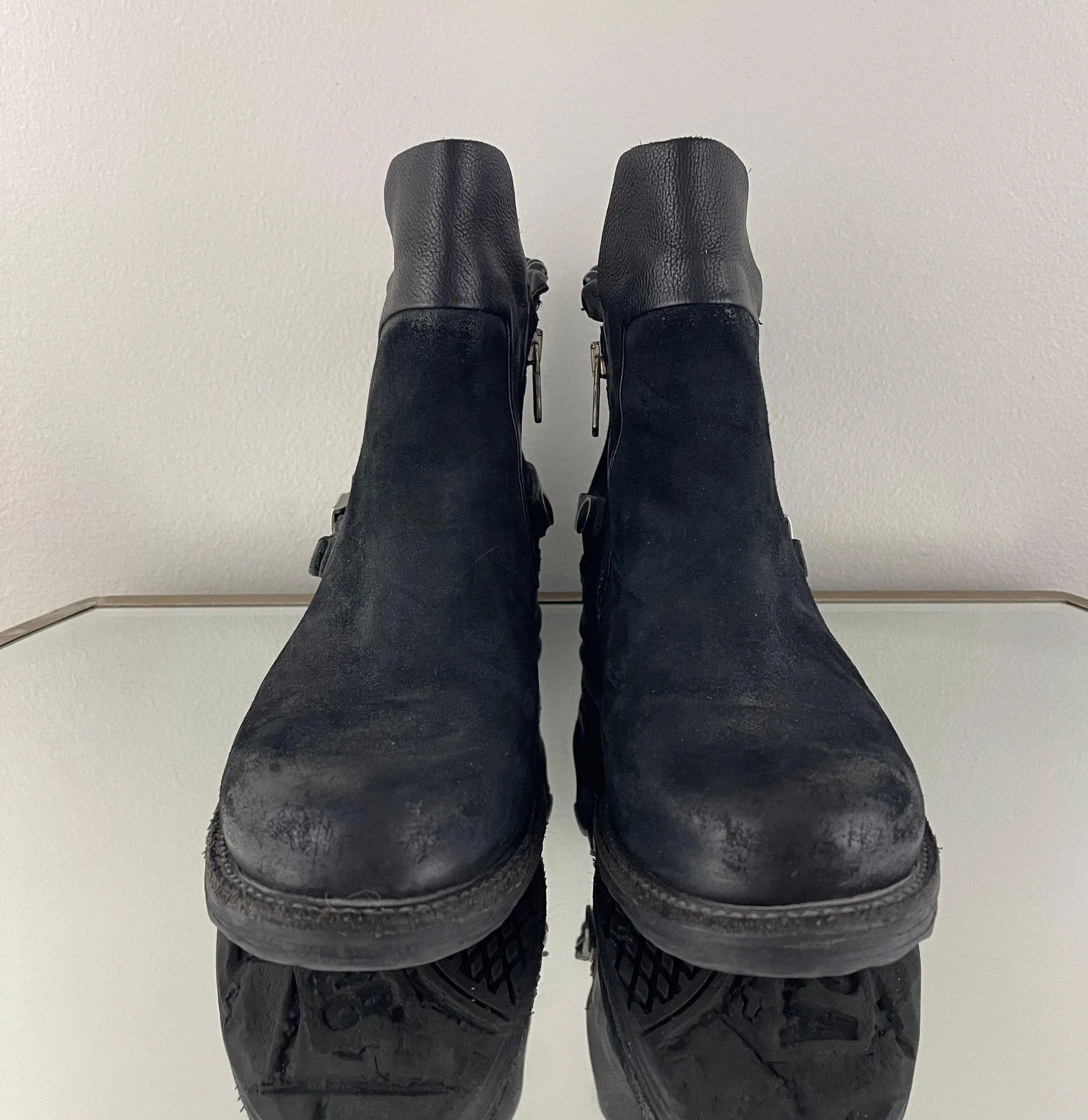 Black Nubuck Suede Leather Airstep Biker Pearl Bead Studded Ankle Booties - Image 7