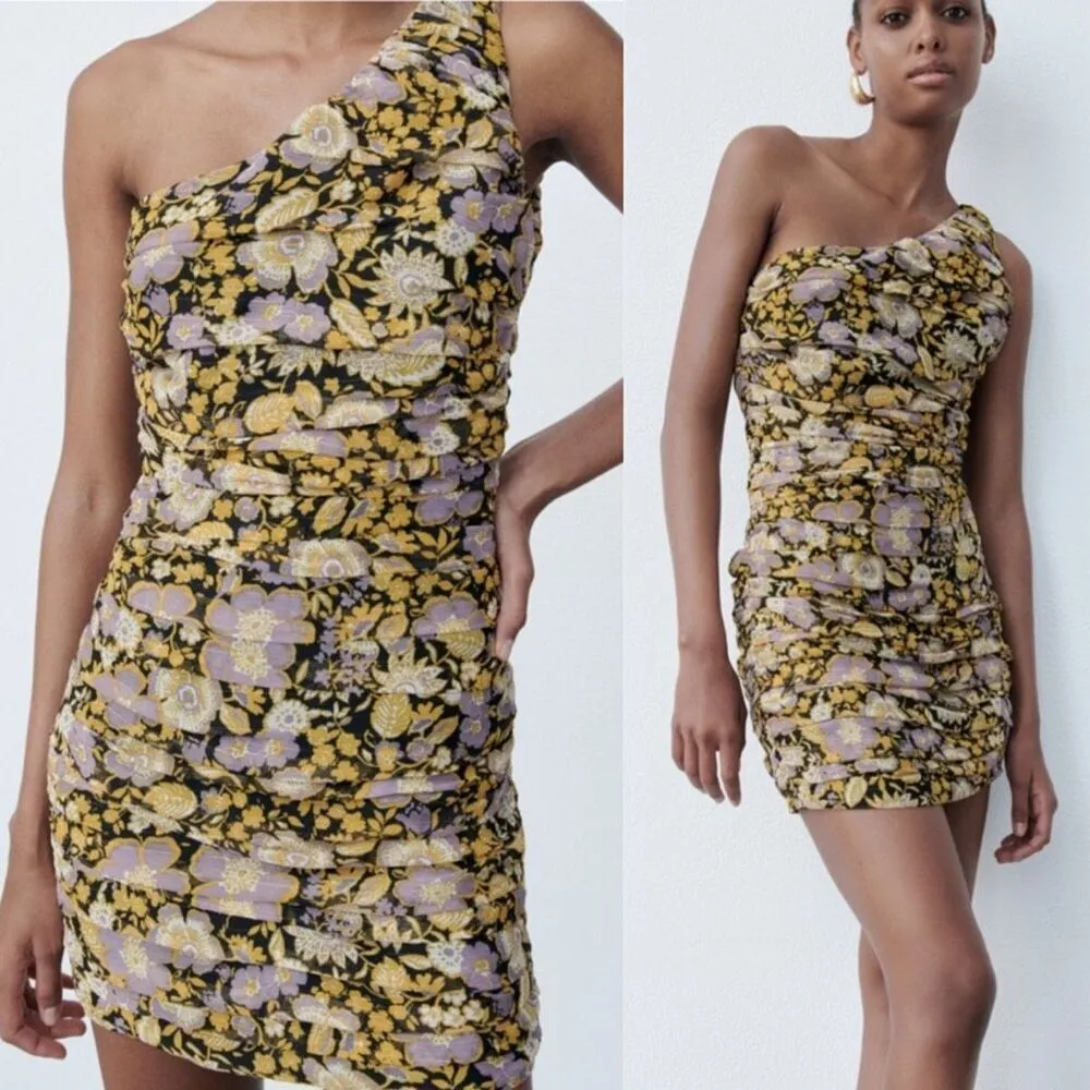 NWT Zara One Shoulder Floral Ruched Metallic Mini Dress BodyCon Small Party Club - Image 2