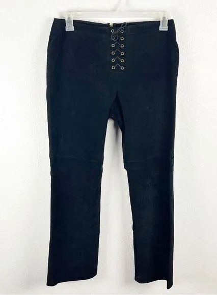 HUGO BUSCATI Collection Classic Black 100% Leather Front Lace Bootcut Pants 12P - Image 1