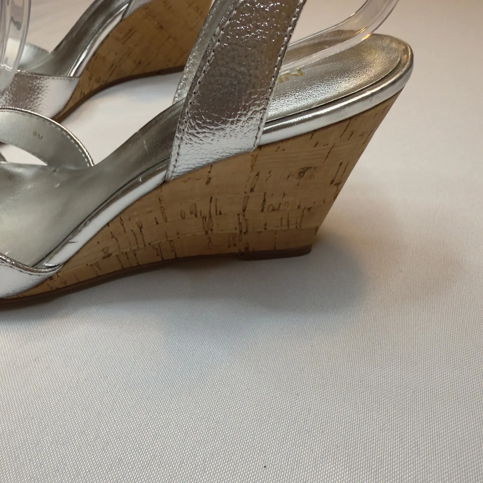 Nine West NEW Silver Metallic Cork Wedge Strappy Ankle Strap Sandals Womens 8M - Image 7