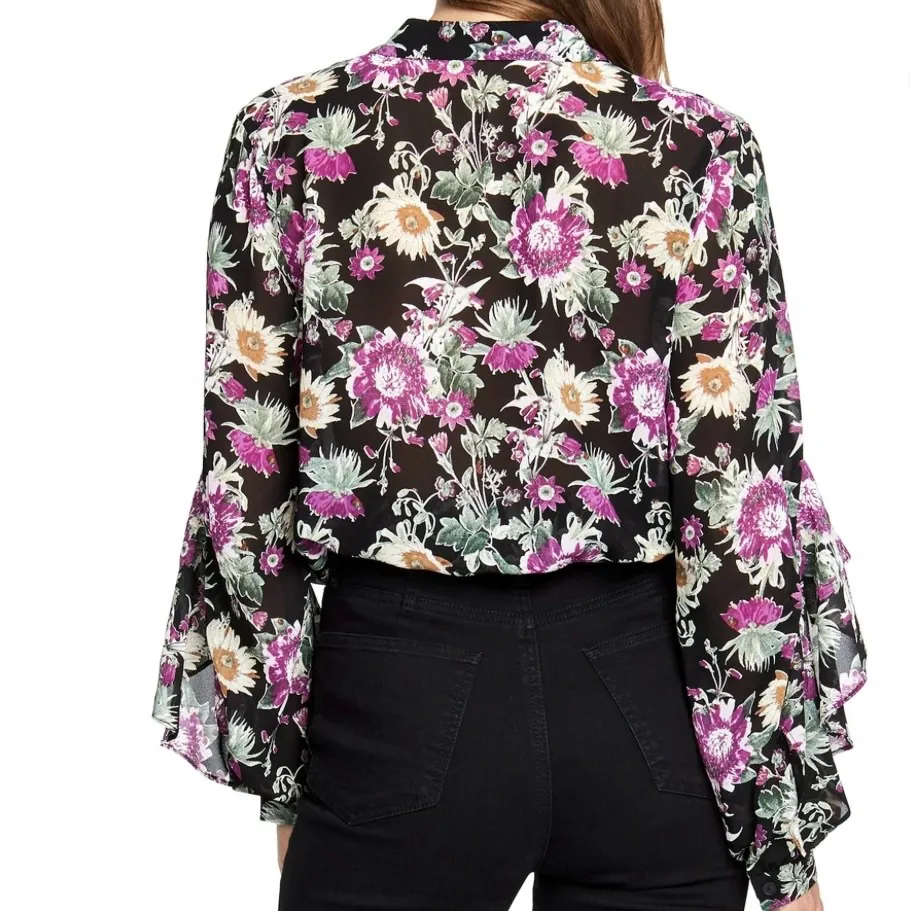 RACHEL Rachel Roy Black Button Front Purple Floral Print Sheer Blouse Size L - Image 3
