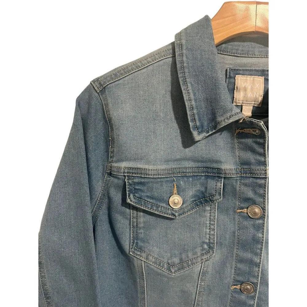 Wax Jean Jacket Womens Medium Denim Trucker Blue Stretch Buttons Long Sleeve NEW - Image 3