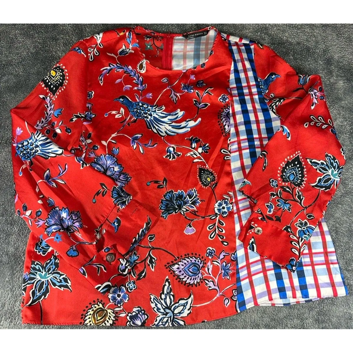 Zara Red Blue Multi Floral Paisley Bird Patchwork Blouse Top Size XL - Image 3
