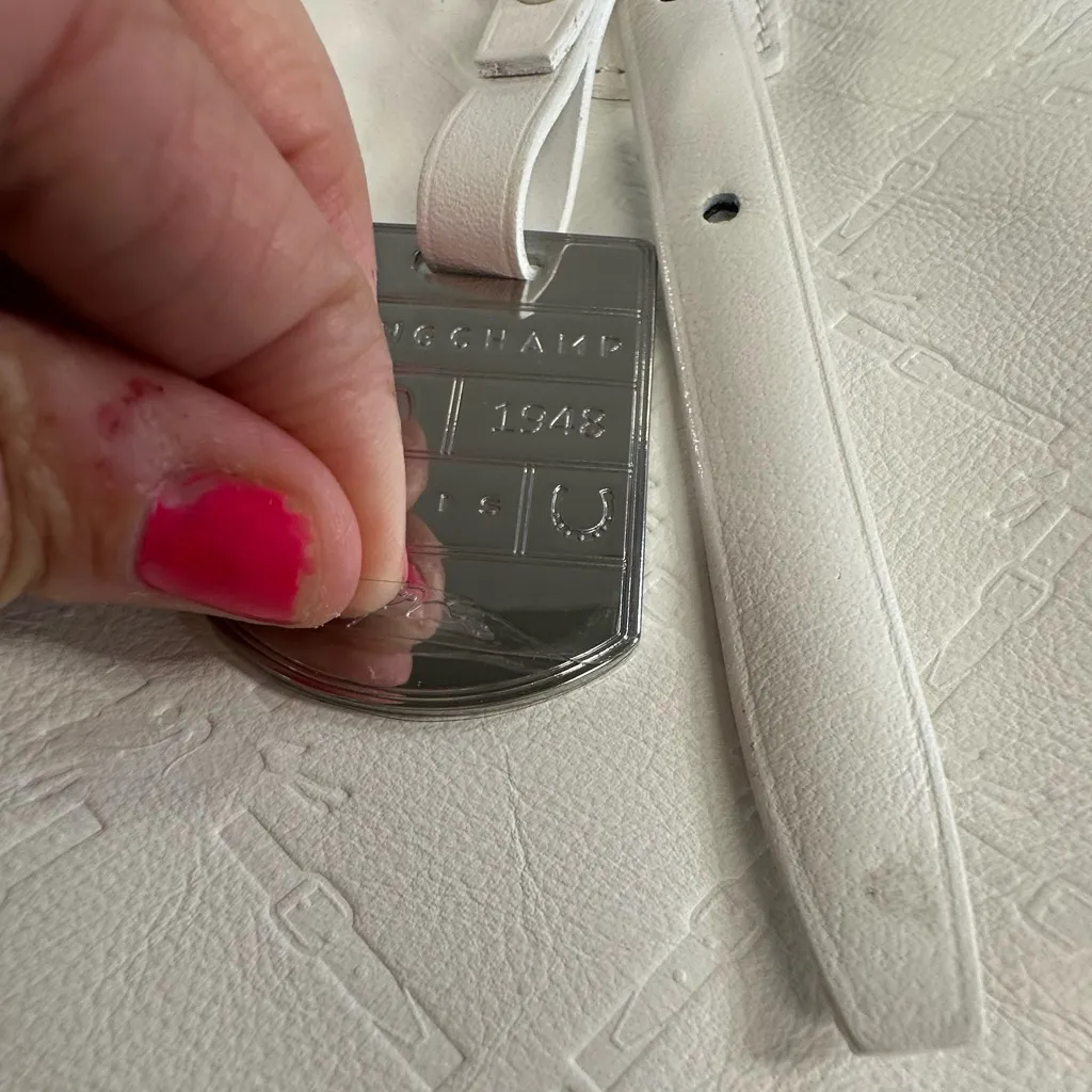 Longchamp • LM Cuir Embossed Logo Metal Luggage Tag White Double Shoulder RARE - Image 2