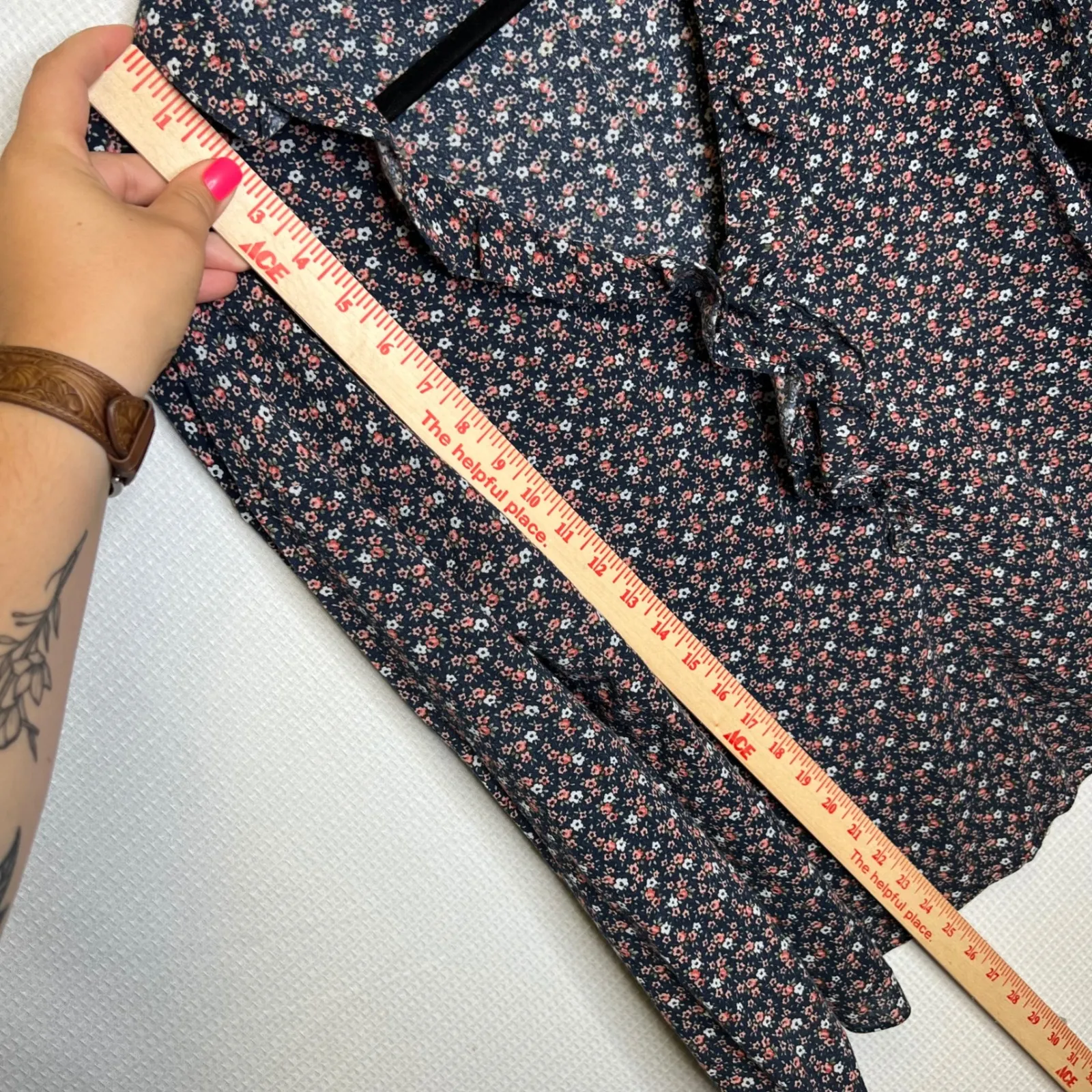 La Vie Rebecca Taylor Nadia Fleur Floral Print Long Sleeve Blouse Ruffle Trim XL Blue - Image 6