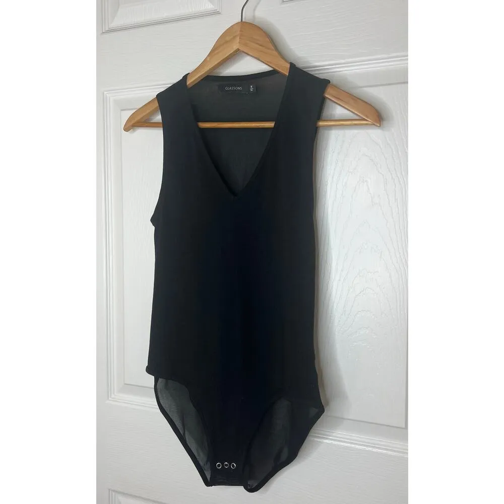 Glassons Women's Black V-Neck Sleek Bodysuit Semi-Sheer Night Out Size Medium - Image 2