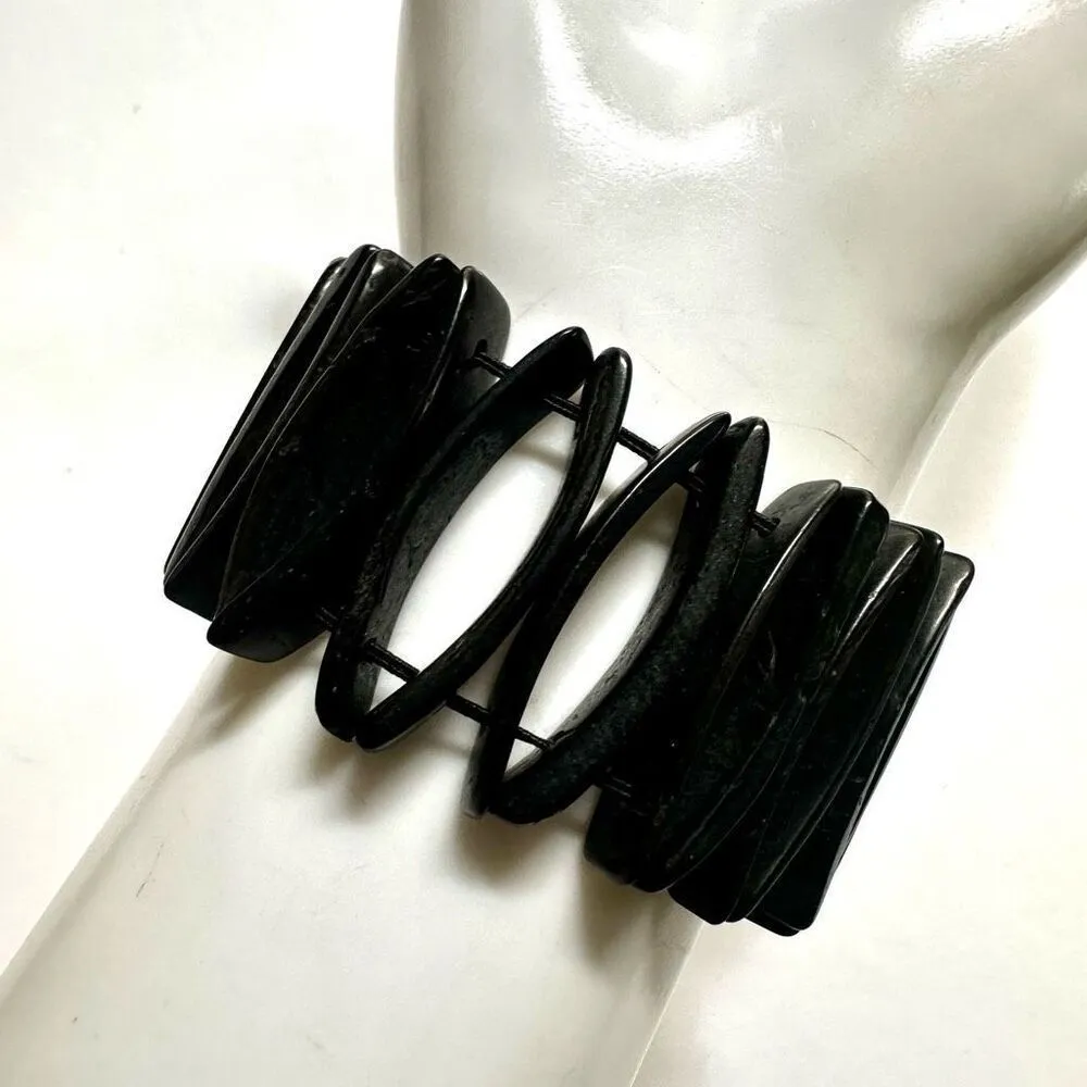 Vintage coconut wood tagua nut raffia star stretchy bracelet - Image 6