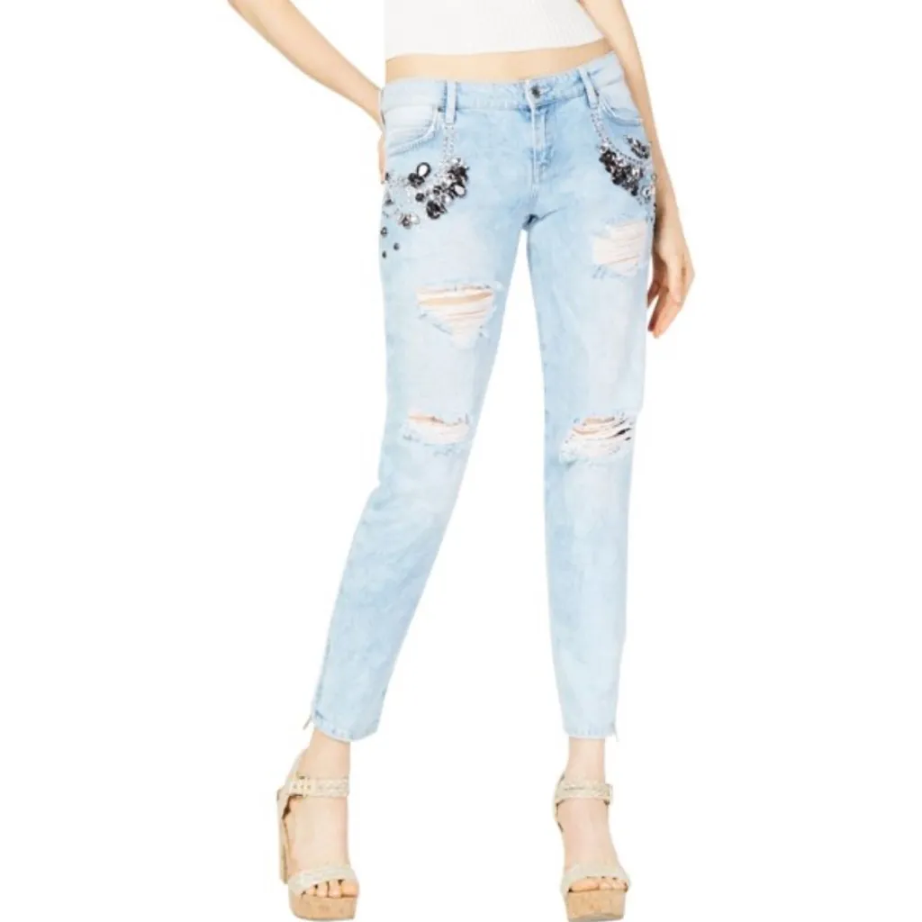 Guess light wash bling rhinestone studded distressed glam edgy chic jeans NWT 26 - Image 15