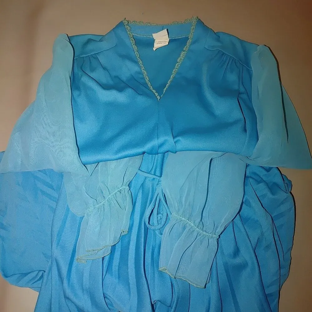 Women's Blue Midi 60 Sheer Polyester Long Sleeve Zig Zag V Neck Dress Vintage Size M - Image 9