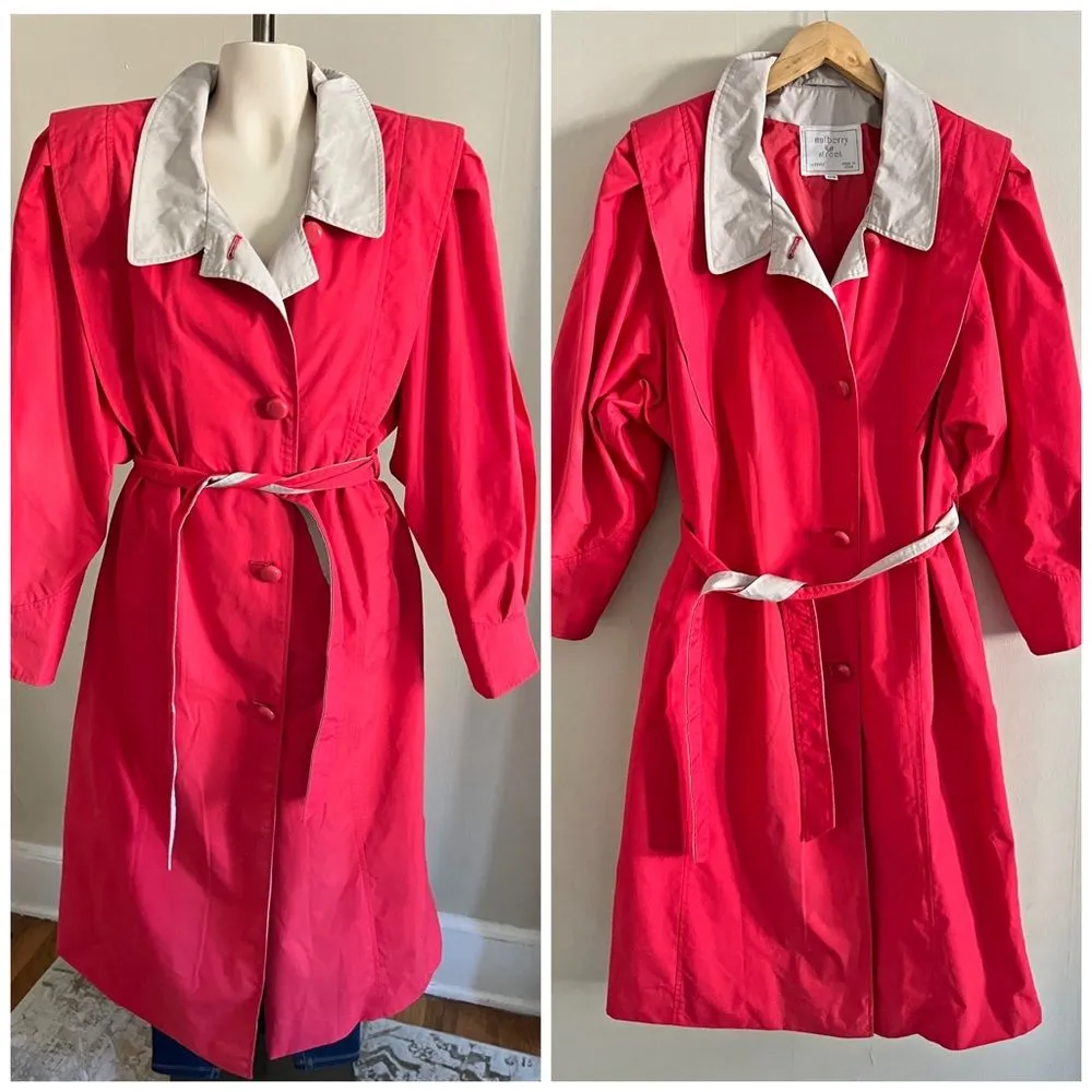 Vintage 80s/90s Mulberry Street Red Trench Coat Belted Jacket Contrast Collar Size 14 - Image 2
