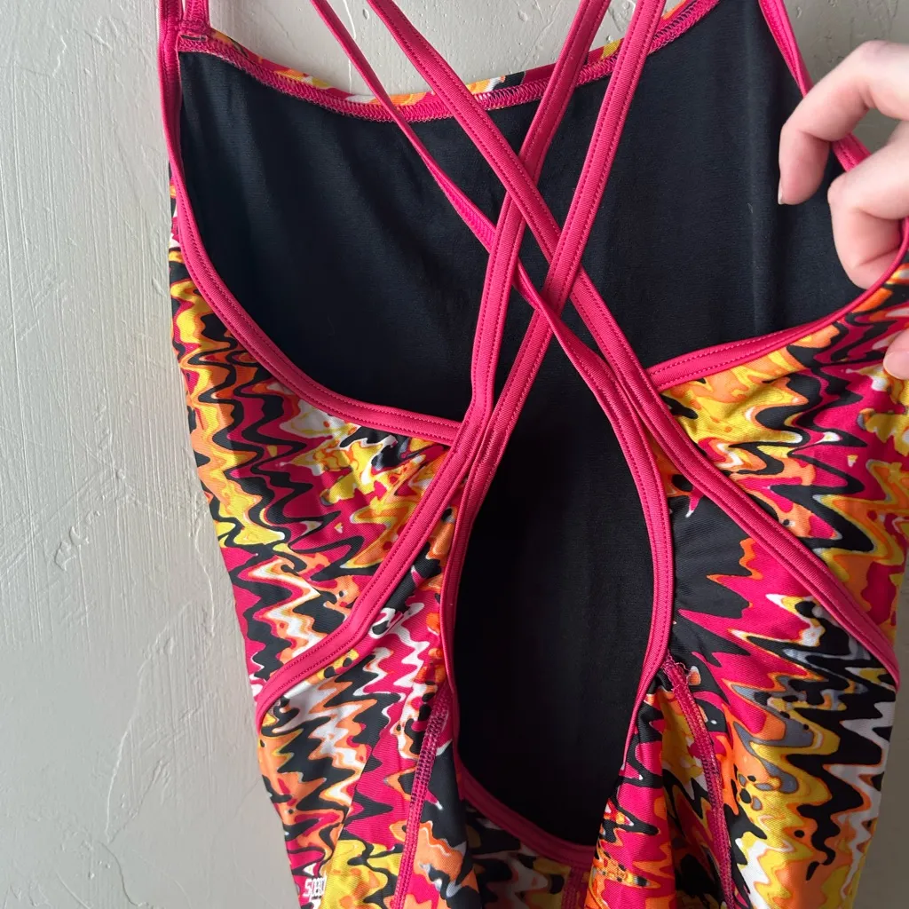 Speedo One Piece Wave Volt Swimsuit Women’s Size 10/36 Pink Orange Back Cut Out - Image 5