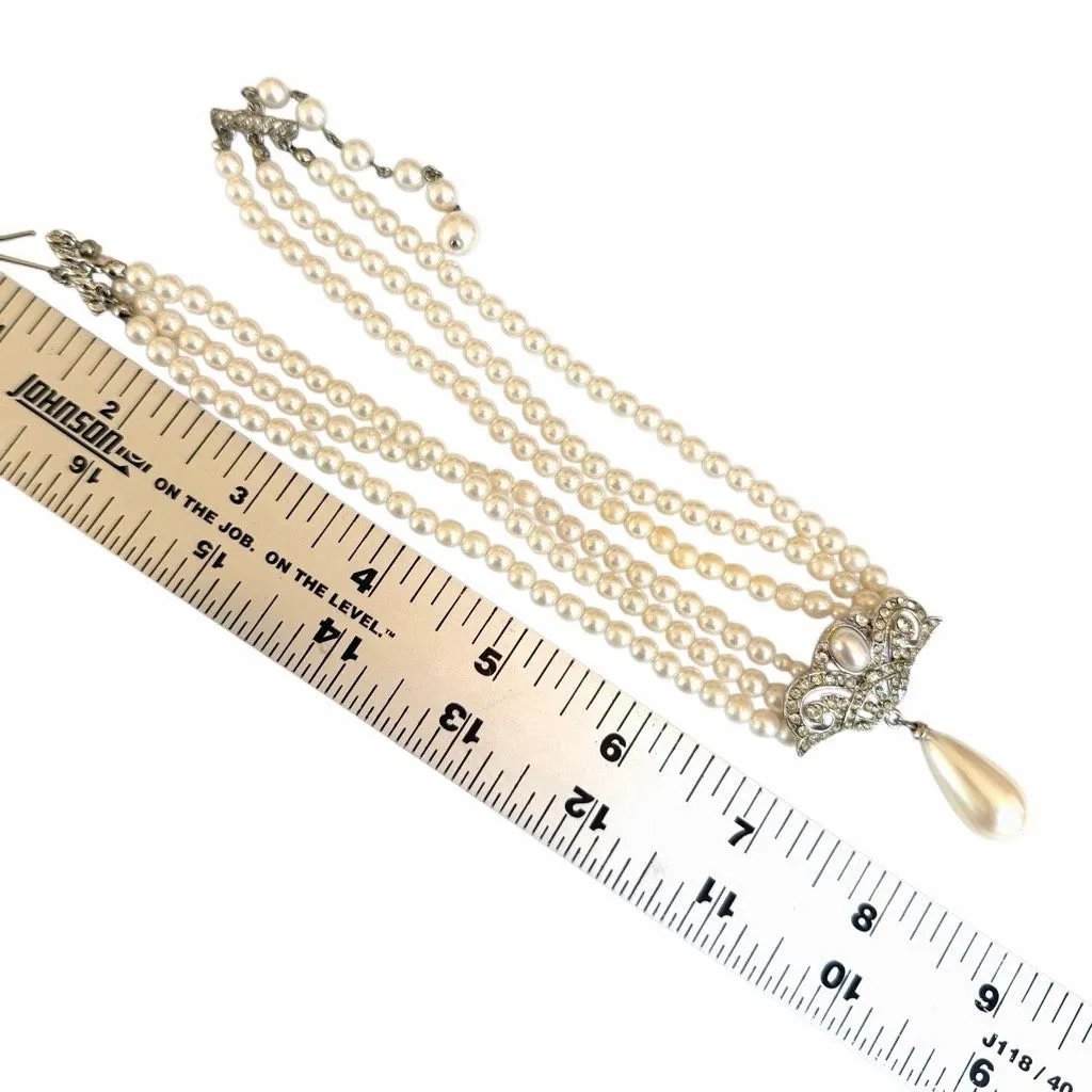 Three Strand Faux Pearl Necklace with Rhinestone Center & Drop - Image 7