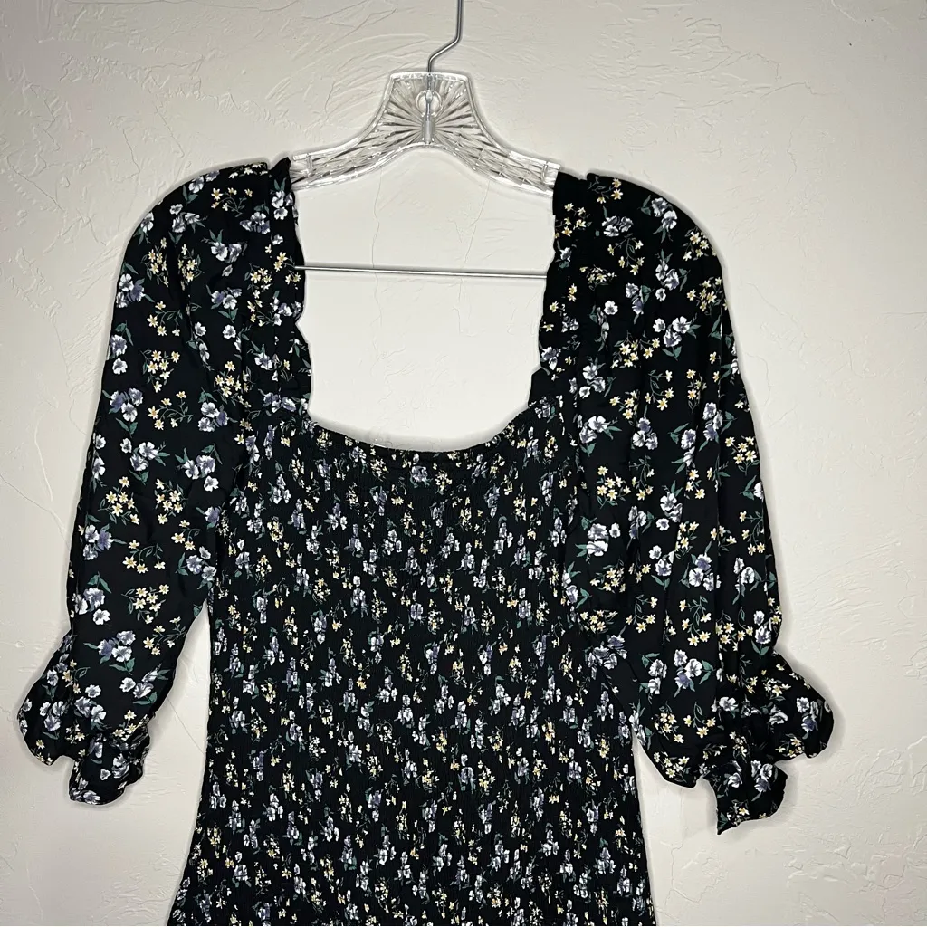 The Grayson Black Ditzy Blue Floral Smocked Puff Sleeve Square Neck Dress - Image 4