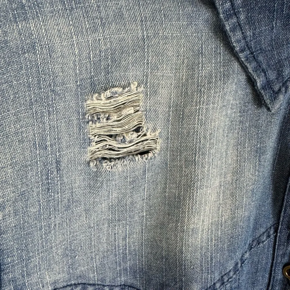 Oddy Blue Medium Wash Long Roll Tab Sleeve Collared Button Up Dress Tunic Size M - Image 3