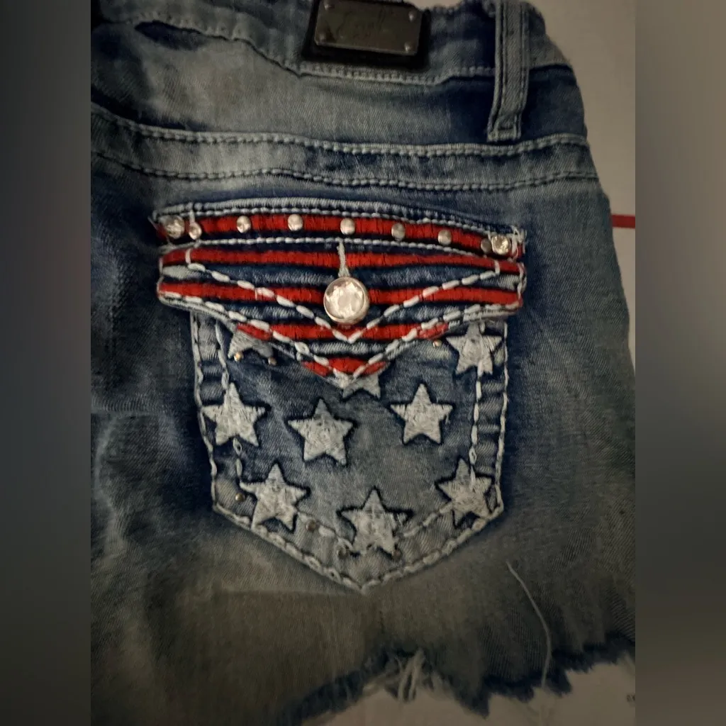 Earl Jean Y2k Denim Shorts Womens 6 Star Pocket Rhinestone Patriotic Blue - Image 5