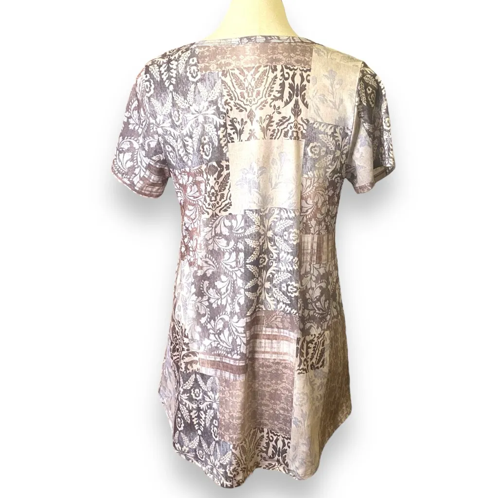 Neutral Patchwork Damask Top BoHo Short Sleeve Tee Soft  Stretchy  Flowy  Fit  T - Image 3