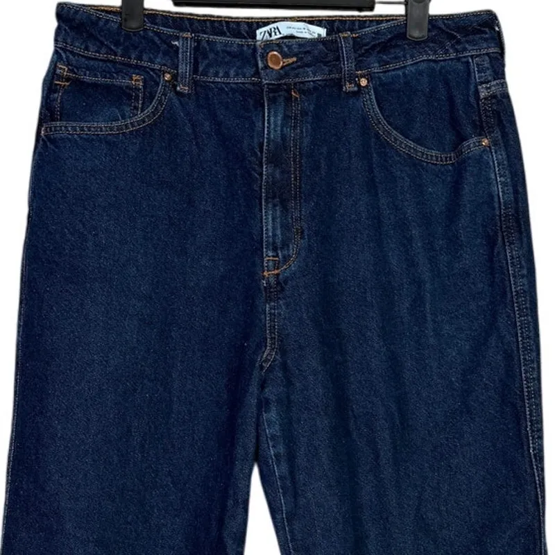 Zara Wide Leg Baggy Relaxed High Rise Ankle Jeans Cotton 10 Dark Blue Wash #4066 - Image 2