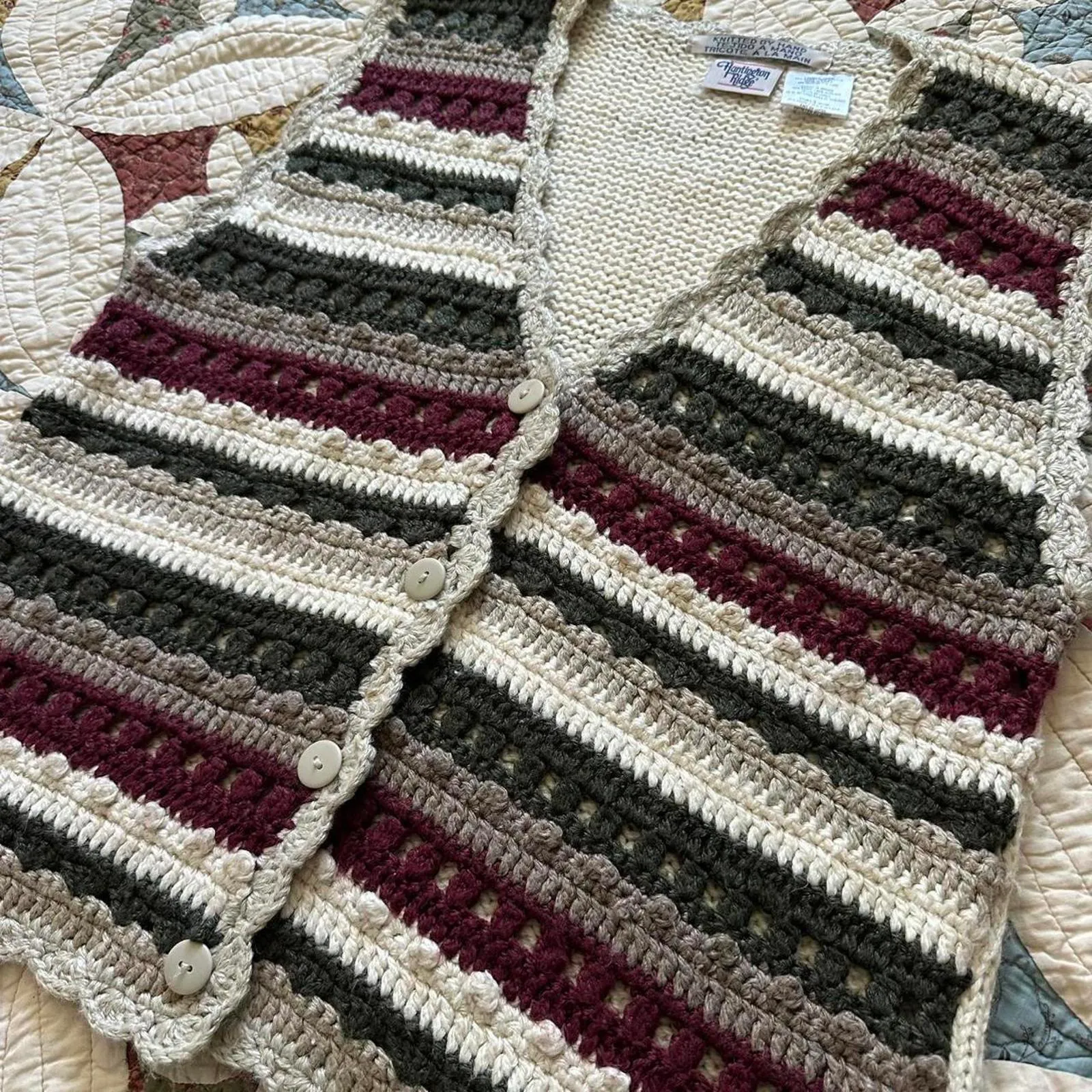 Vintage green and burgundy hand knit cottagecore boho granola vest - Image 3