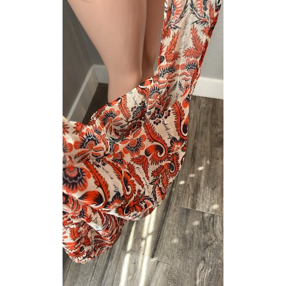 Free People Medium Semi Linen Tote Orange Cloth Bag Floral Print Boho #103 - Image 5