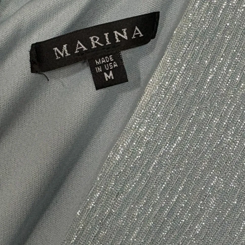 MARINA Womens Pale Blue Metallic Pleated V Neck Maxi Dress Belted Size M Size M - Image 4