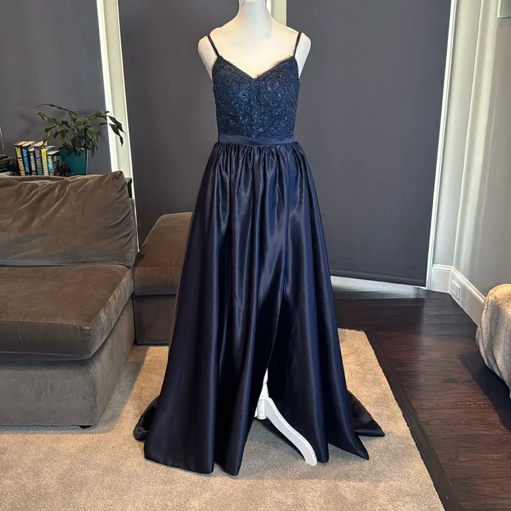 Women’s Blue Full Length Satin Lace Appliqué Party Prom Formal Dress Size 2 NWOT Blue - Image 3