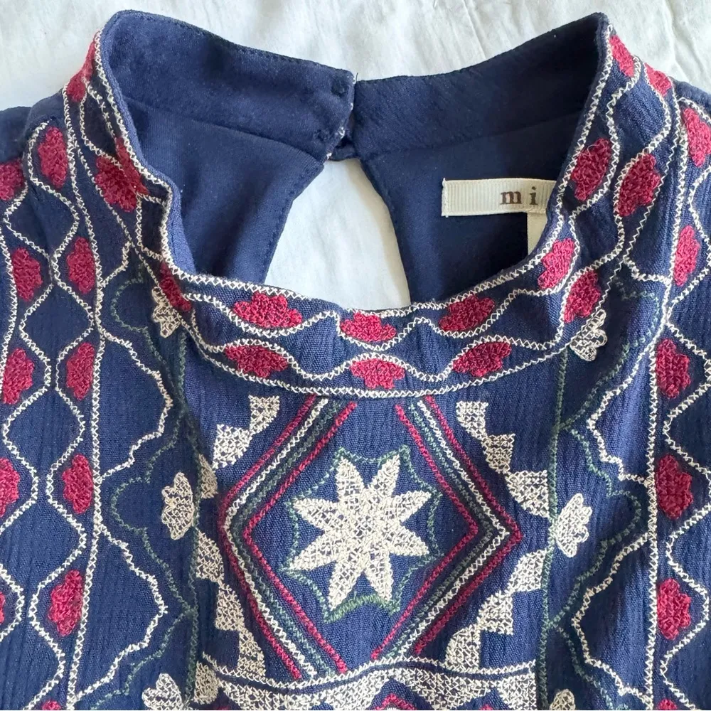Francescas Mi Ami M Blue Embroidered Festival High Neck Sleeveless Dress Boho - Image 4