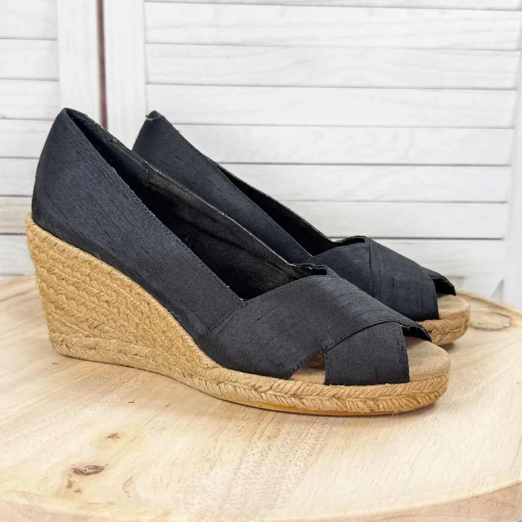 White Mountain Dupioni Fabric Peep‎ Toe Espadrille Wedge Heels Black 9 - Image 11