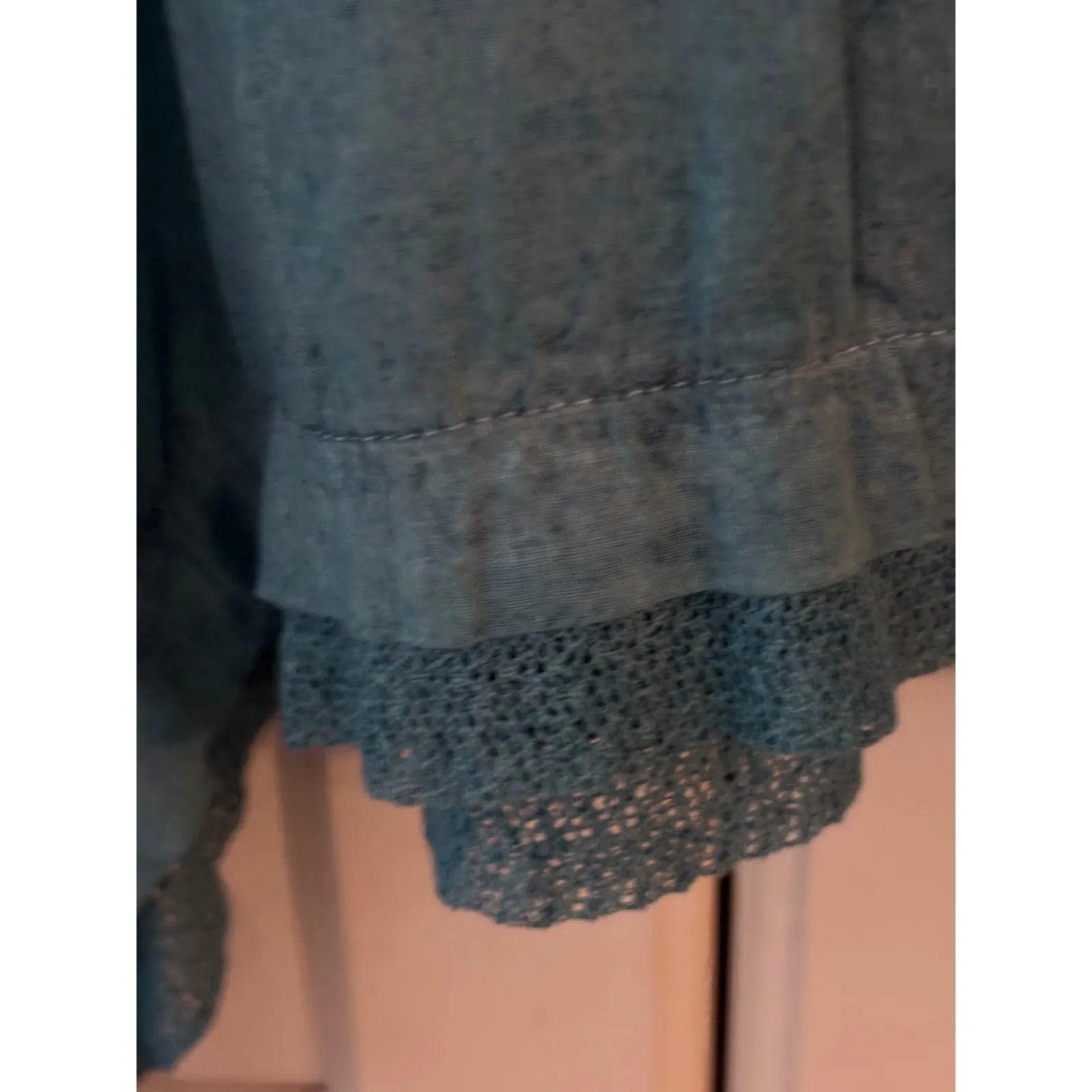 Womens Celia Cavaletti Teal Distressed Crochet Trim Button Up Shirt Top Green Size L - Image 7