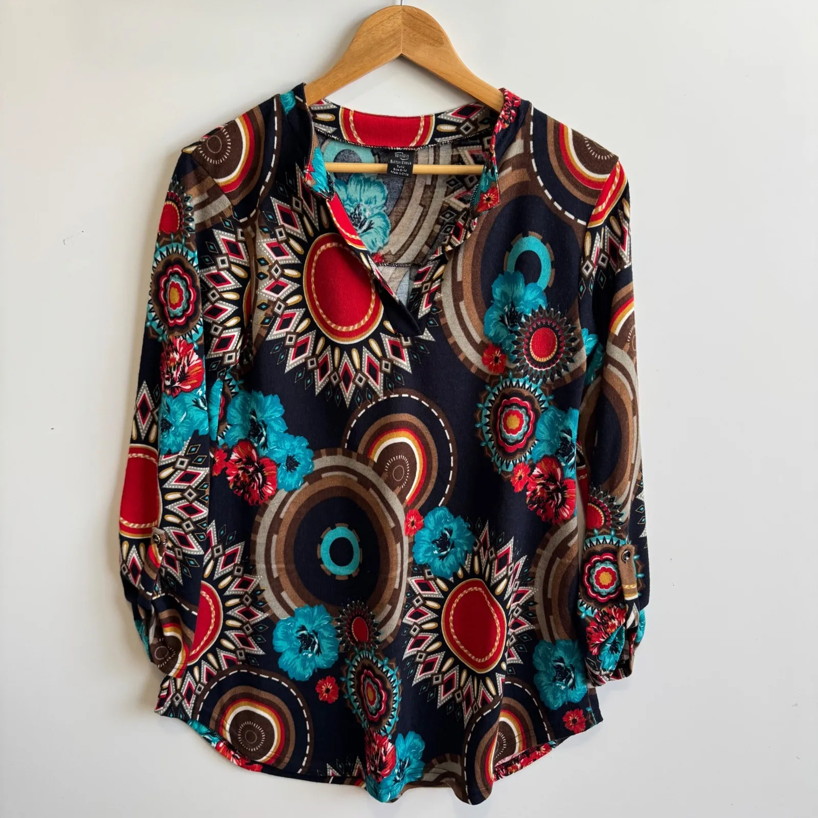 WinWin Button Sleeve Tunic Top Floral Print Long Sleeve‎ S-M - Image 6
