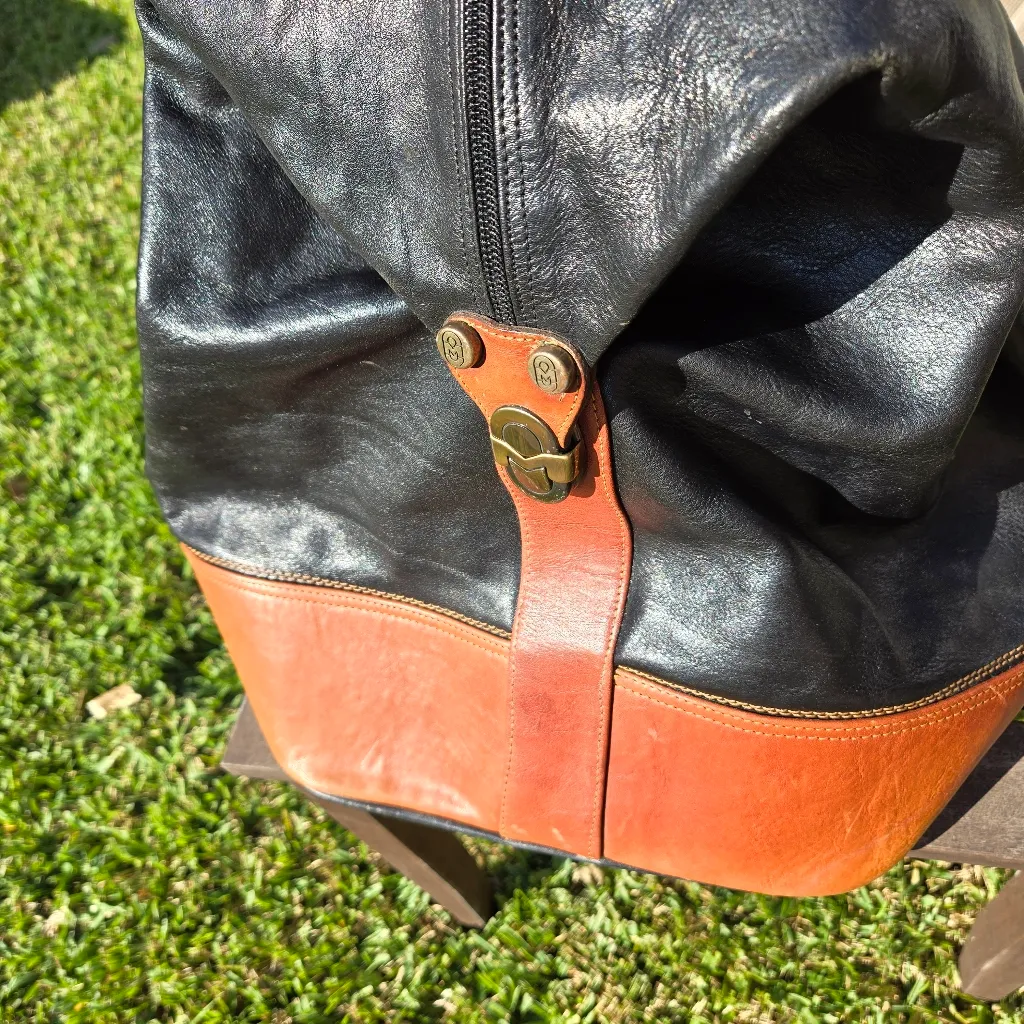 Marino Orlandi Duffle Weekender Travel Bag Italy Leather Black Brown 24x13x10" - Image 6