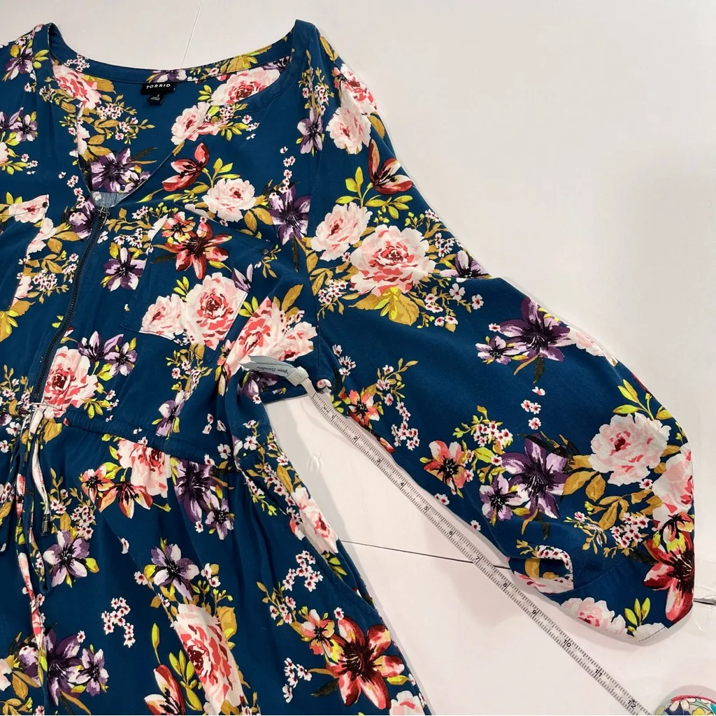 Torrid Blue Floral Zip Up 3/4 Tab Sleeve Pockets Challis Hi‎ Low Shirt Dress 3X - Image 9