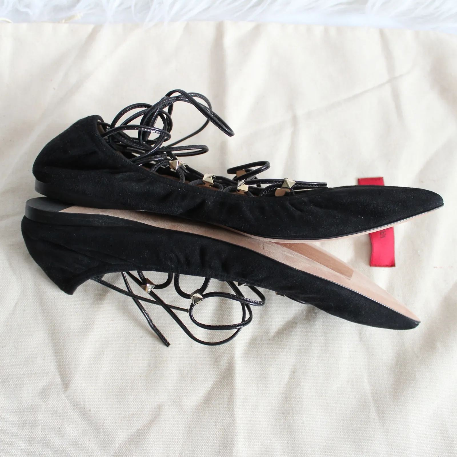 Valentino Black Suede Gold Rockstud Lace Up Ankle-Wrap Pointed Ballet Flat - Image 7