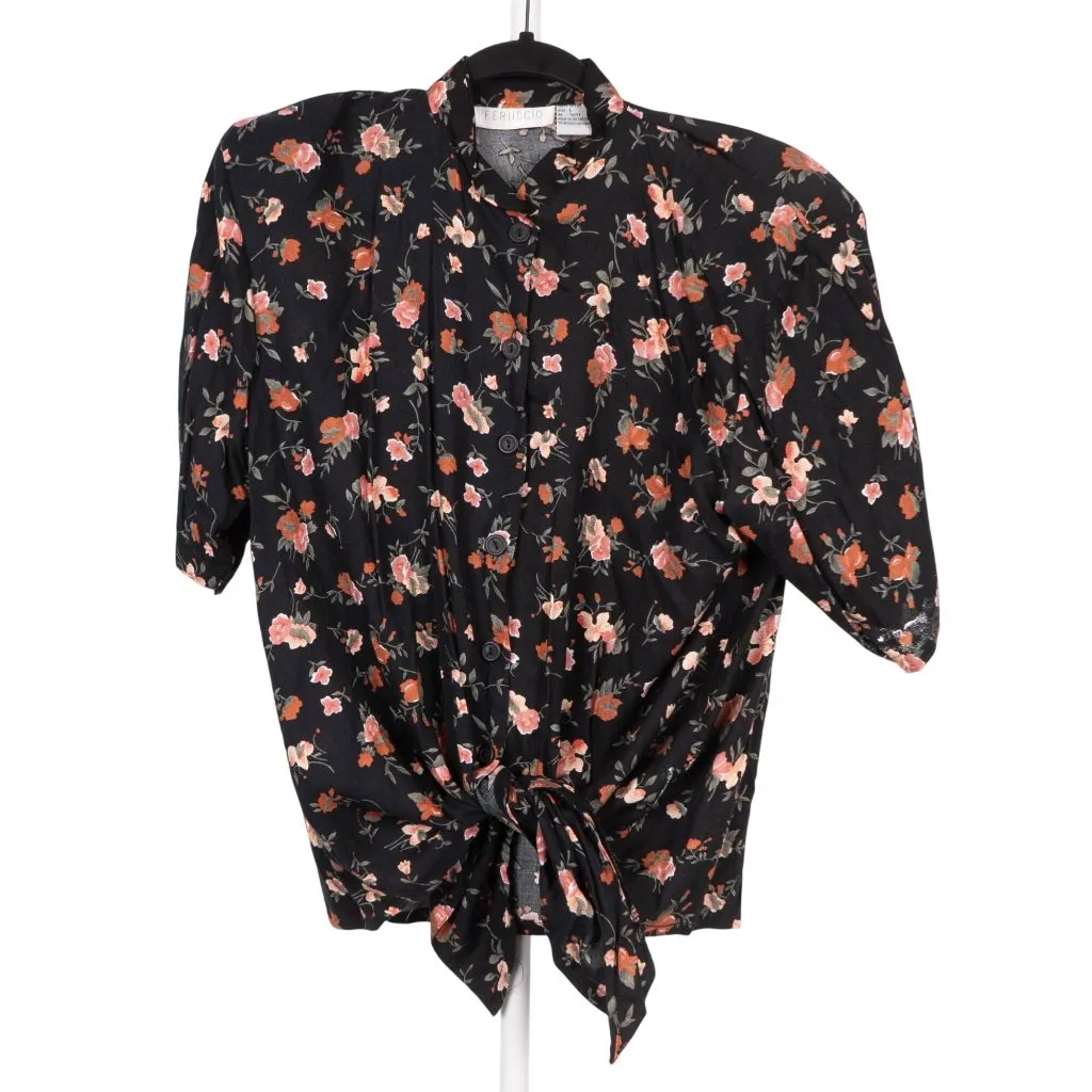 Feruccio VTG Outfit M Women Floral Button Up Tie Shirt Elastic Waist Pants Black Size M - Image 2