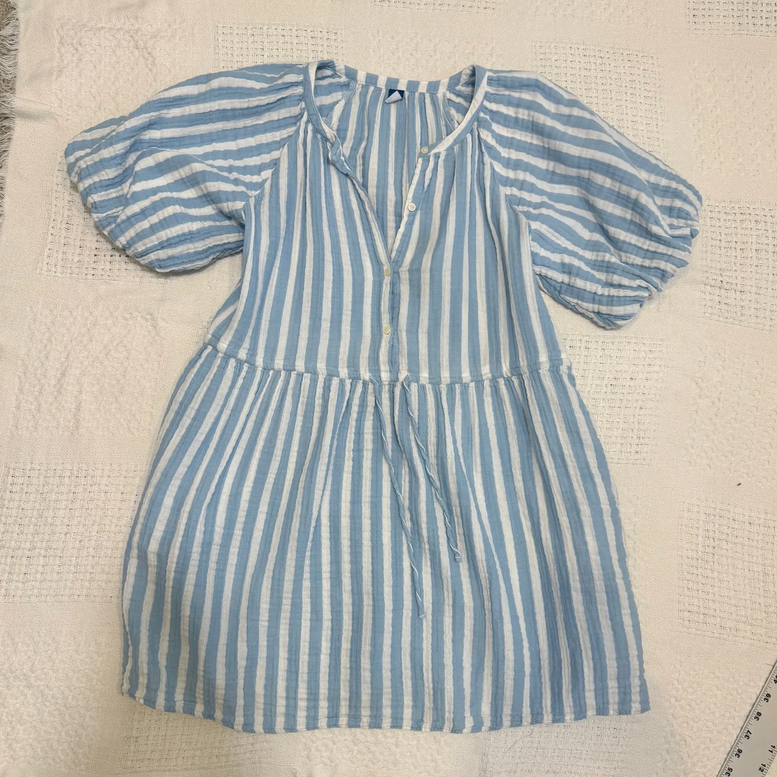 Old Navy medium puff sleeve tie waist striped shirt dress pockets D2 3118 - Image 6